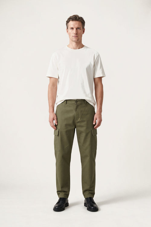 Nils cargo trousers in olive green — front view