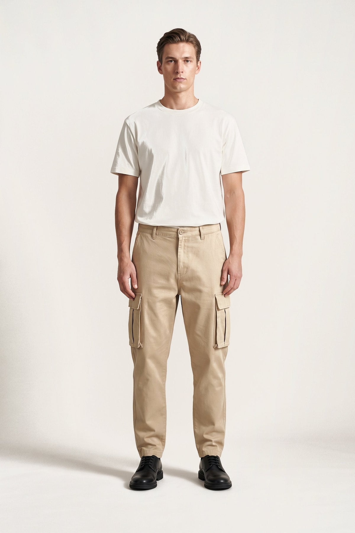 Nils cargo trousers in sand — front view