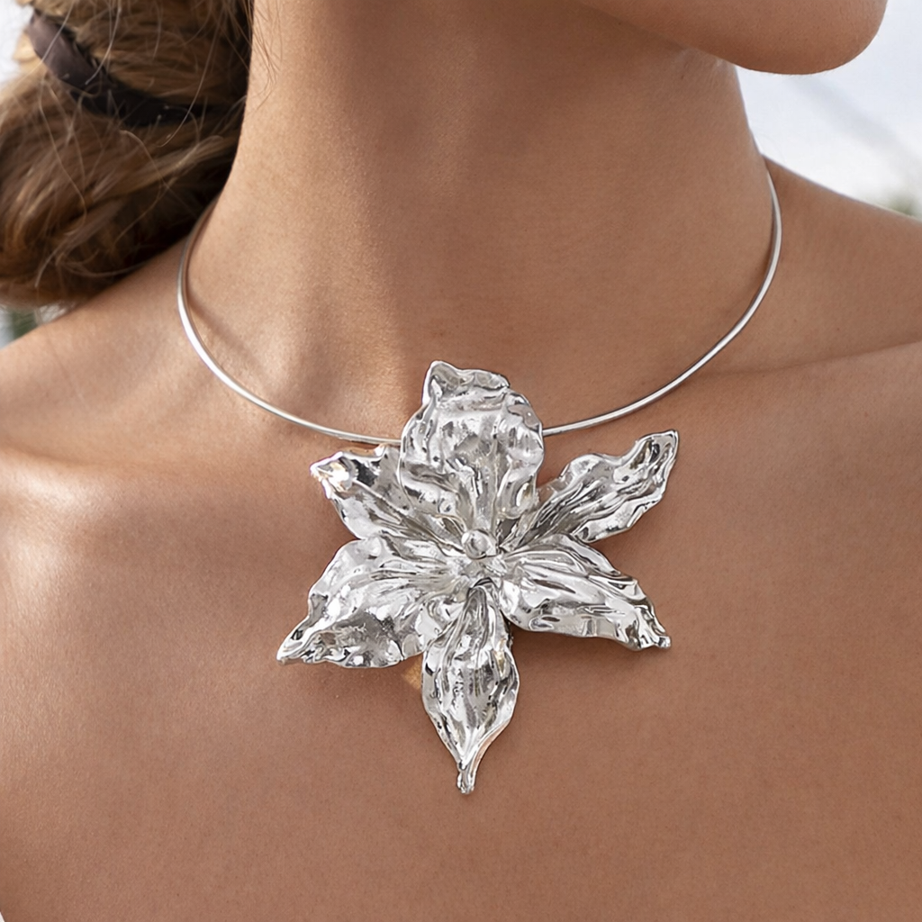Bloom Metallic Statement Necklace in Silver — worn on model