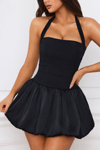 Lace-Up Bubble Hem Corset Mini Dress in Black — three-quarter view