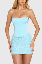 Embellished Skirt Corset Mini Dress in Aqua — front view, full length