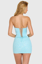 Embellished Skirt Corset Mini Dress in Aqua — back view, lace-up corset