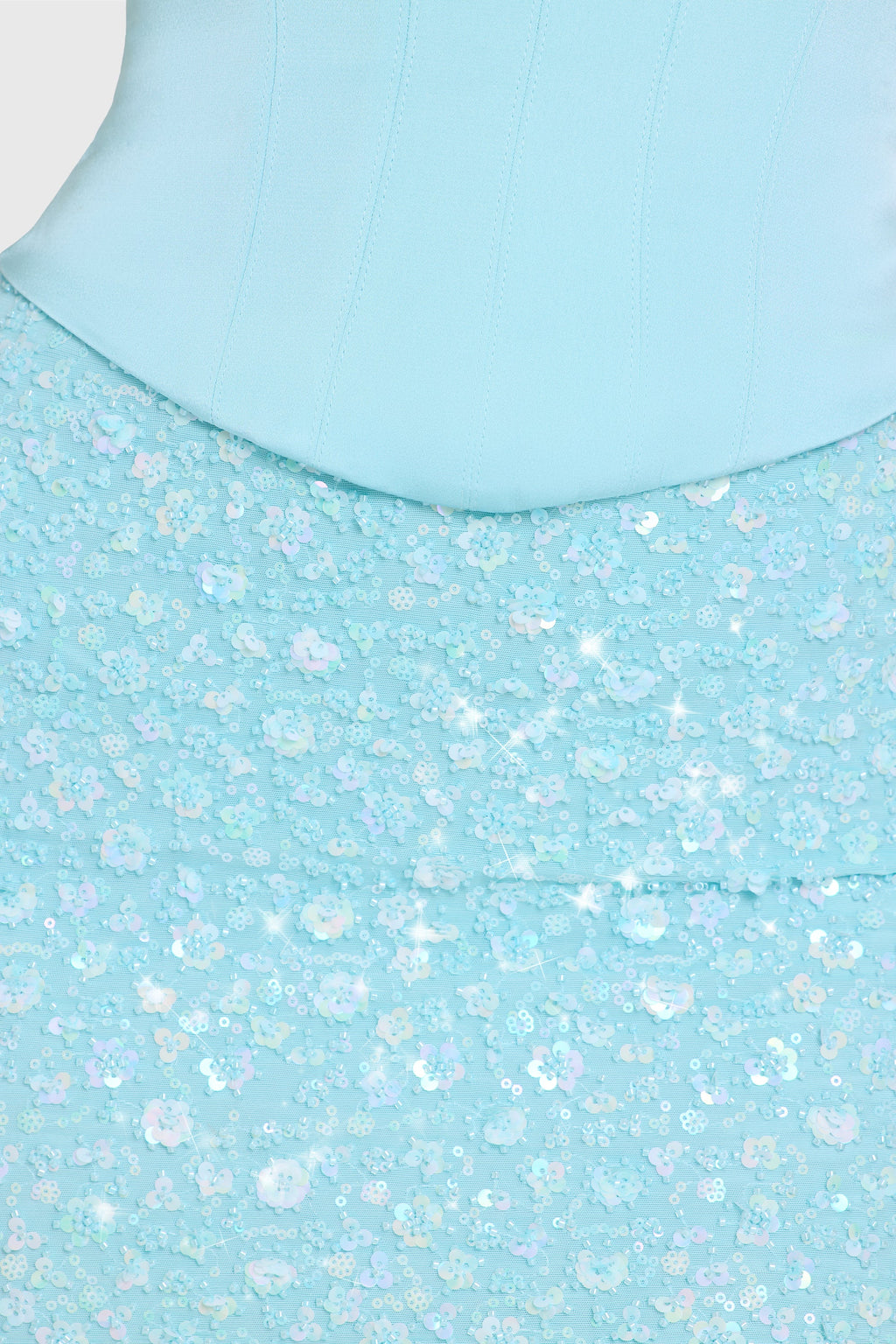 Embellished Skirt Corset Mini Dress in Aqua — detail, sequin embellishment