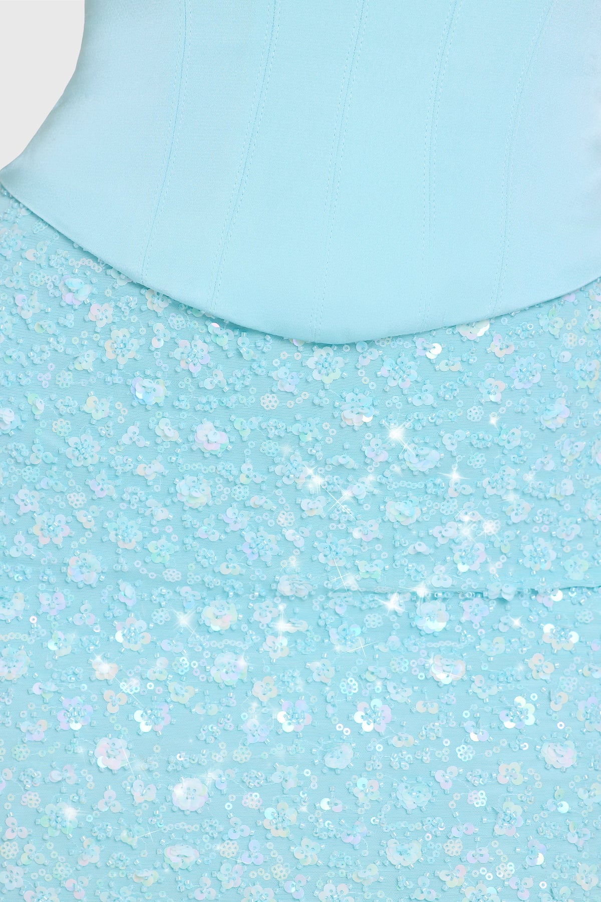 Embellished Skirt Corset Mini Dress in Aqua — detail, sequin embellishment