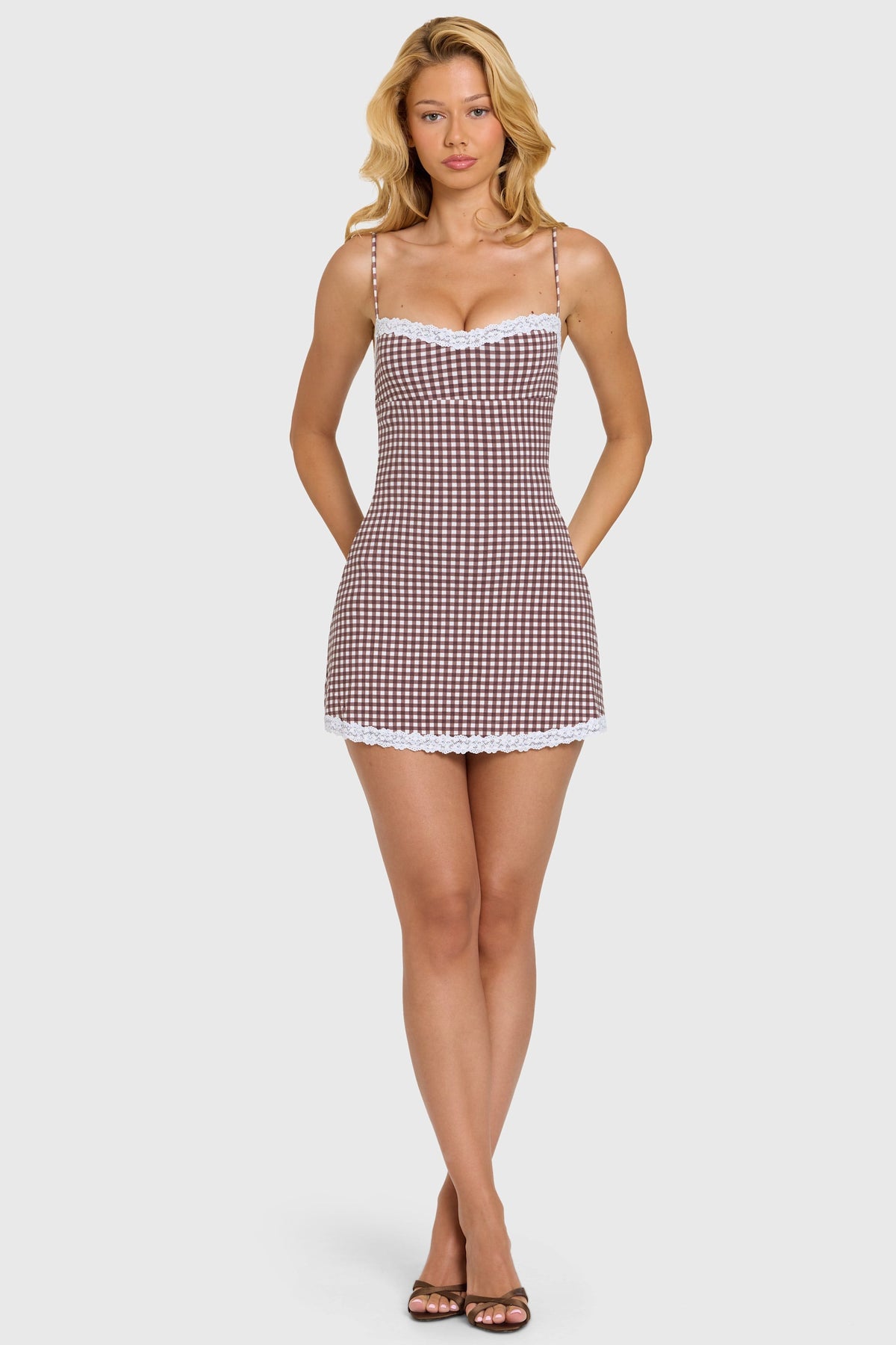 Modal Lace-Trim Mini Dress in Brown Gingham — three-quarter view