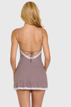 Modal Lace-Trim Mini Dress in Brown Gingham — back view
