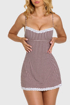 Modal Lace-Trim Mini Dress in Brown Gingham — detail