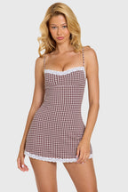 Modal Lace-Trim Mini Dress in Brown Gingham — styled