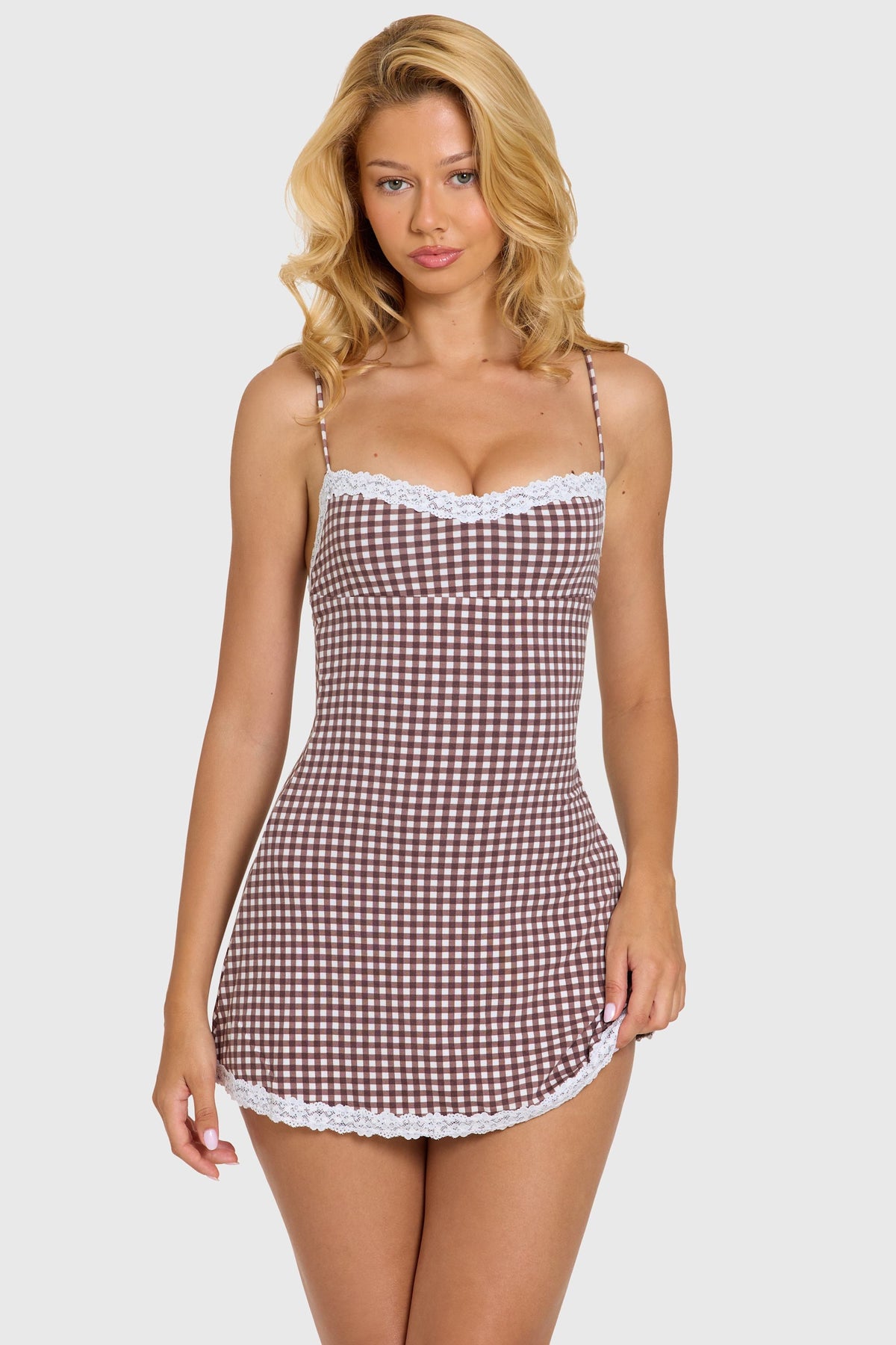 Modal Lace-Trim Mini Dress in Brown Gingham — front view