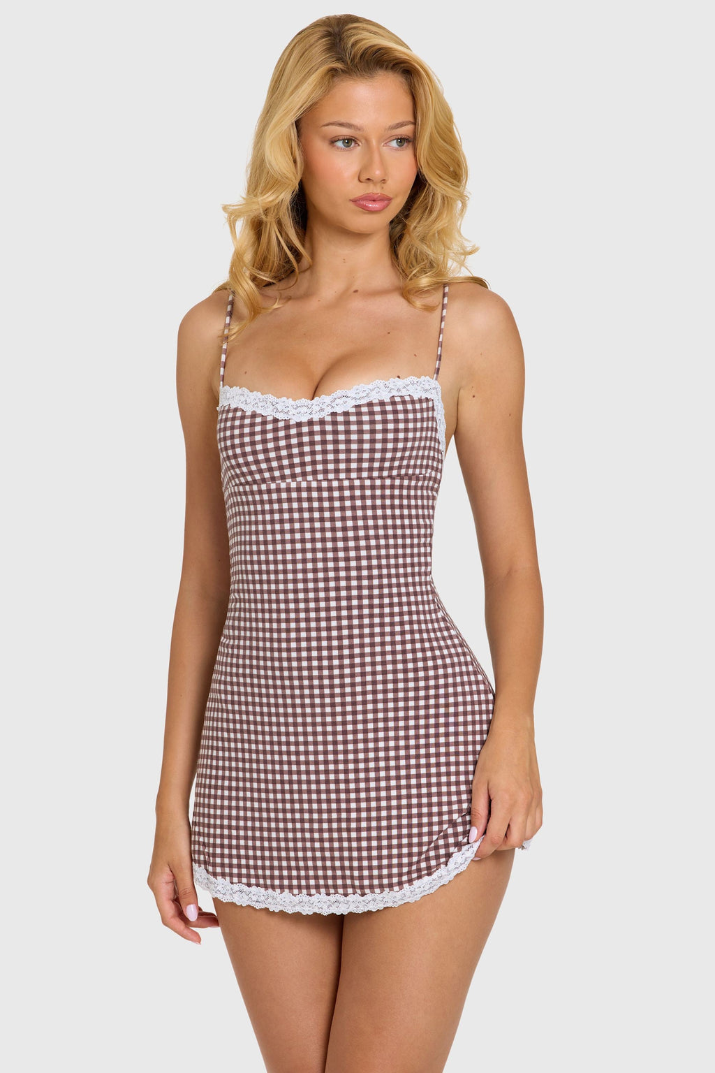Modal Lace-Trim Mini Dress in Brown Gingham — front view, walking