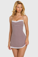 Modal Lace-Trim Mini Dress in Brown Gingham — front view, walking