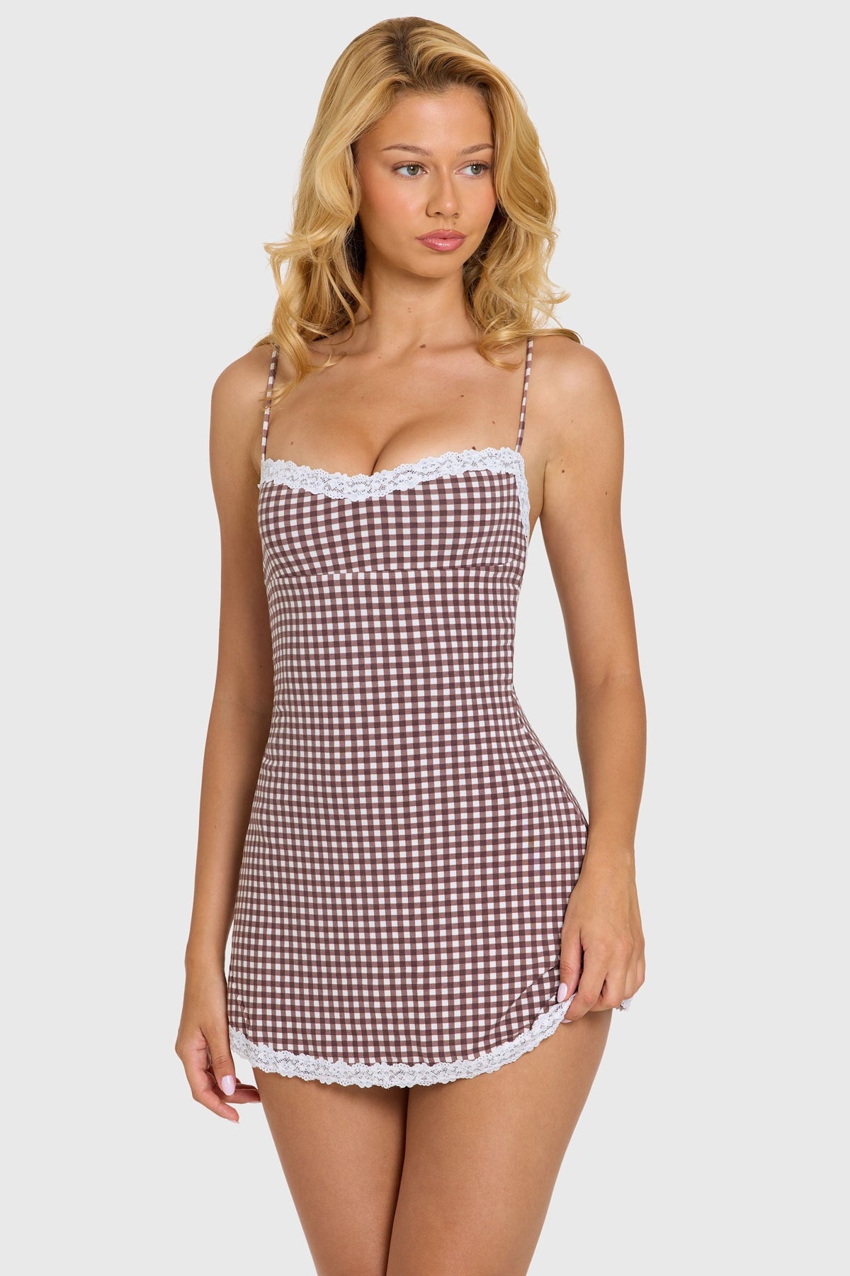 Modal Lace-Trim Mini Dress in Brown Gingham — front view, walking