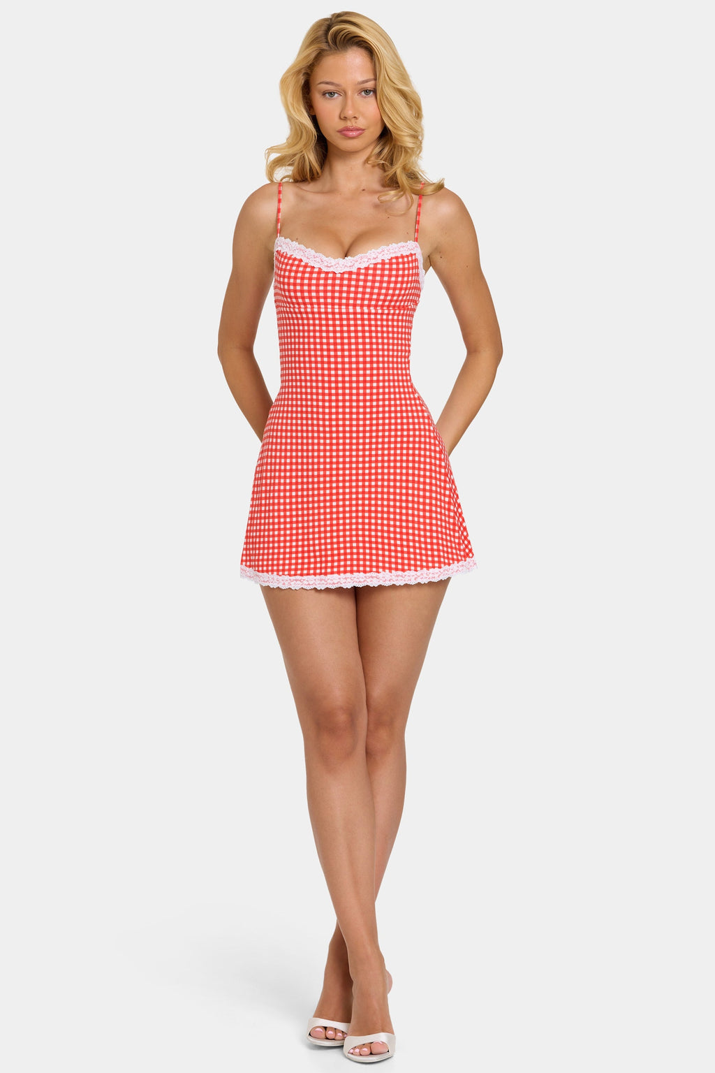 Modal Lace-Trim Mini Dress in Red Gingham — on model, front, full length