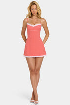 Modal Lace-Trim Mini Dress in Red Gingham — on model, front, full length