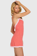 Modal Lace-Trim Mini Dress in Red Gingham — three-quarter view