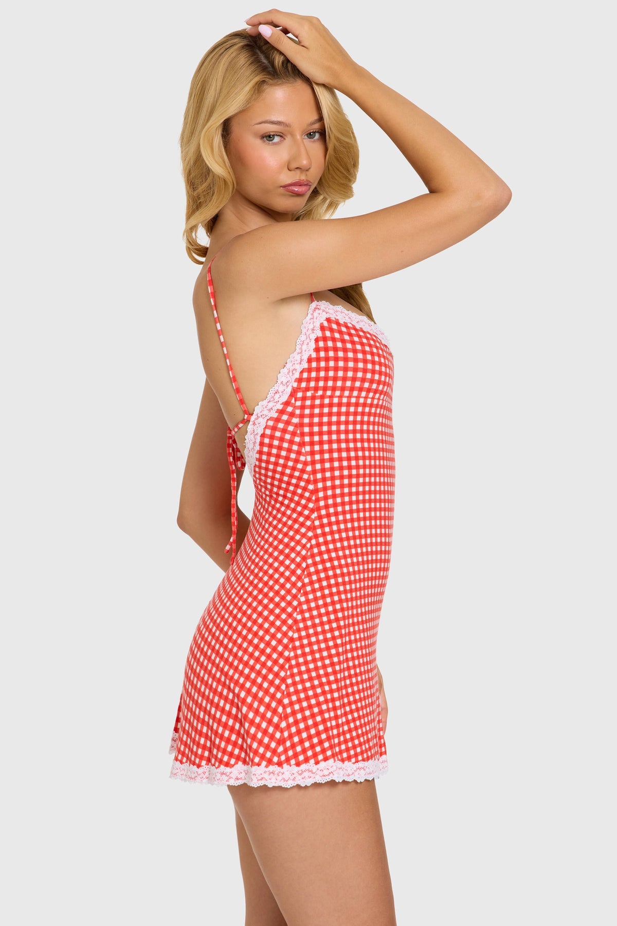 Modal Lace-Trim Mini Dress in Red Gingham — three-quarter view