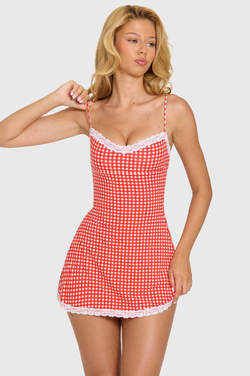 Modal Lace-Trim Mini Dress in Red Gingham — detail, bodice