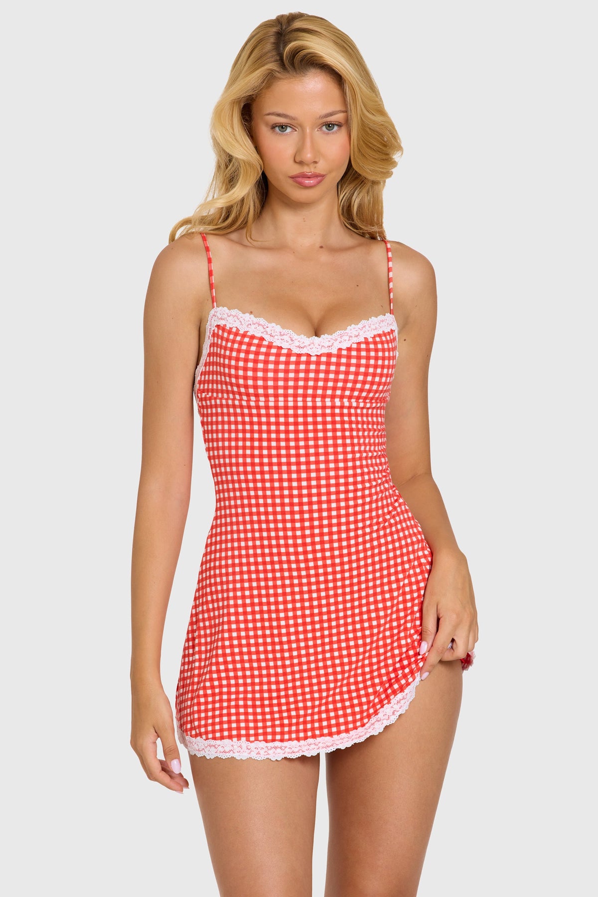 Modal Lace-Trim Mini Dress in Red Gingham — front view