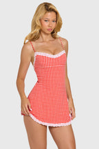 Modal Lace-Trim Mini Dress in Red Gingham — on model, front