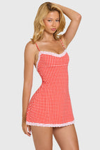 Modal Lace-Trim Mini Dress in Red Gingham — front view
