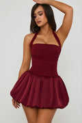 Lace-Up Bubble Hem Corset Mini Dress in Berry Red — front view