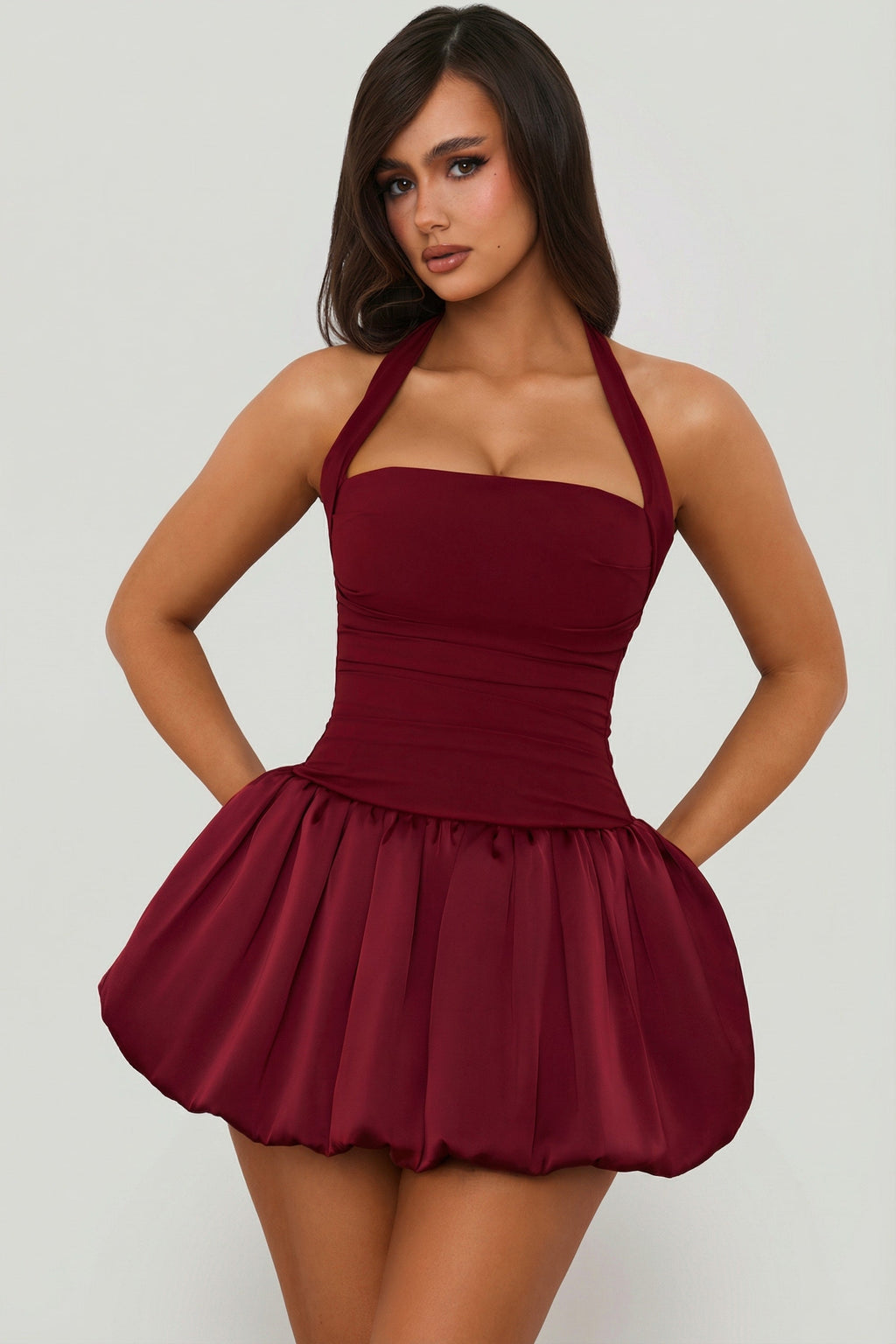 Lace-Up Bubble Hem Corset Mini Dress in Berry Red — three-quarter view