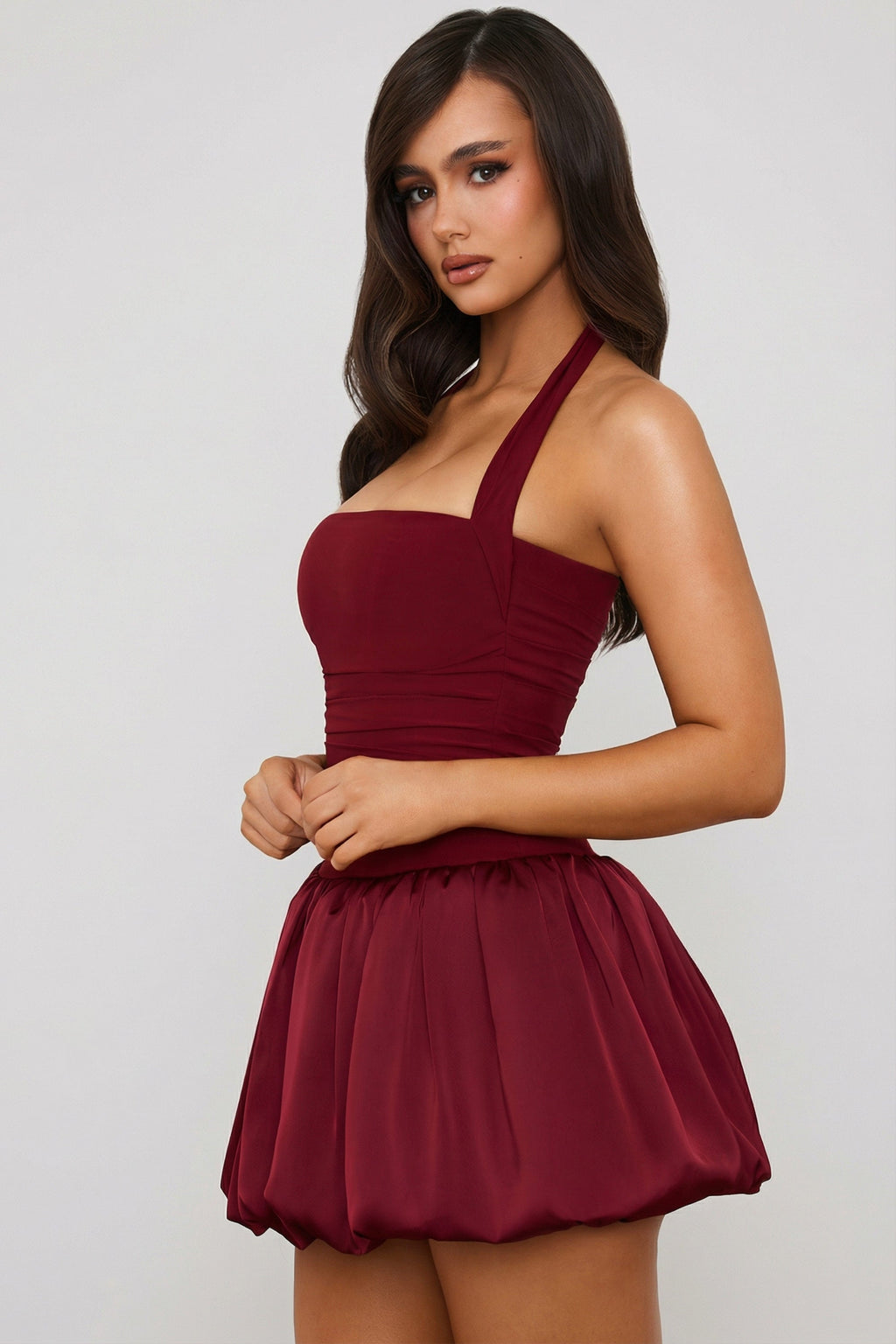 Lace-Up Bubble Hem Corset Mini Dress in Berry Red — side view