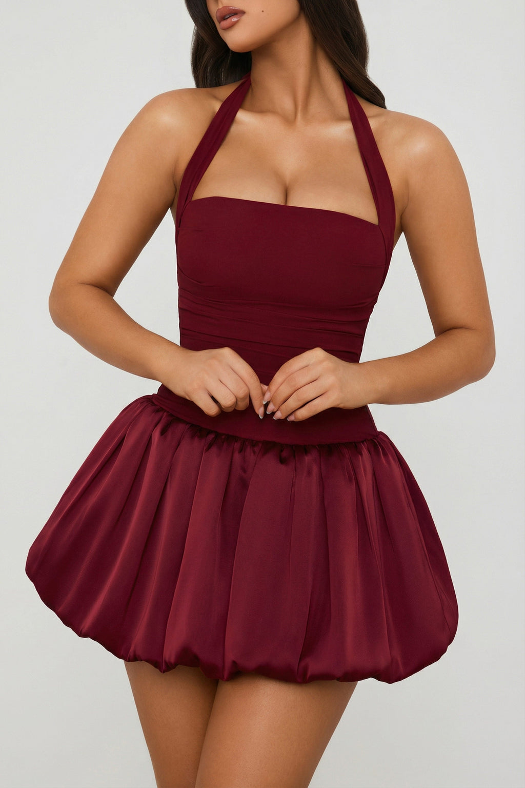 Lace-Up Bubble Hem Corset Mini Dress in Berry Red — detail