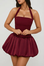 Lace-Up Bubble Hem Corset Mini Dress in Berry Red — detail