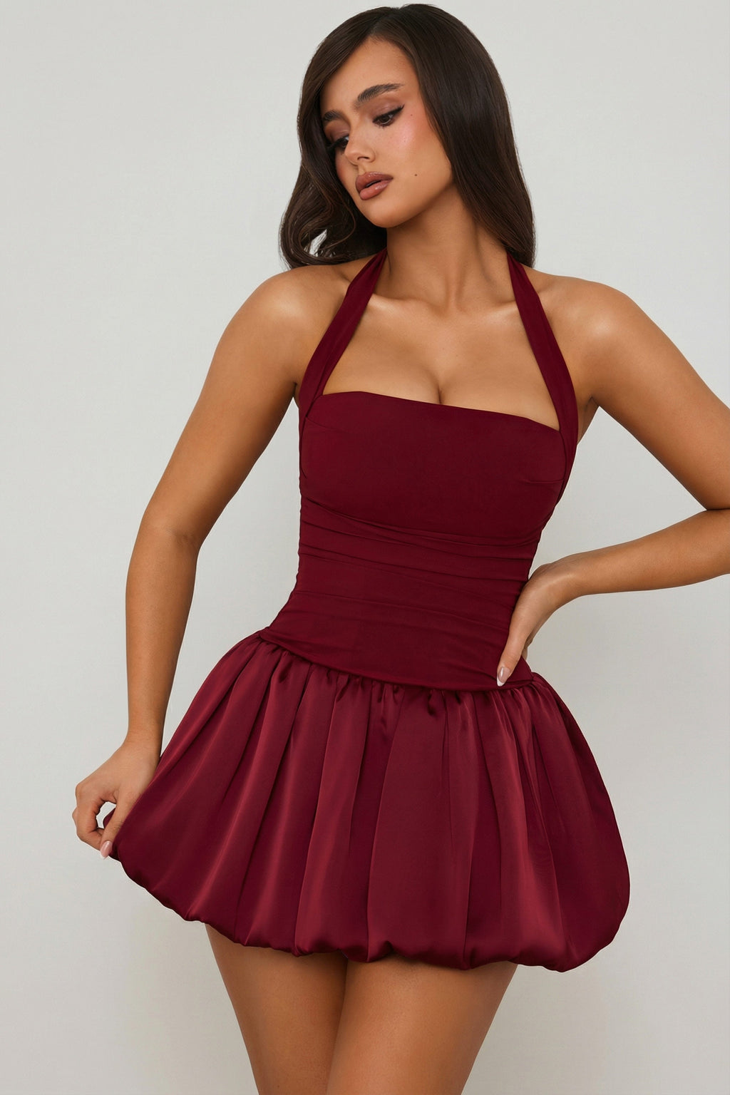 Lace-Up Bubble Hem Corset Mini Dress in Berry Red — on model