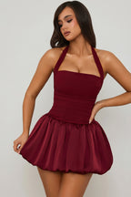 Lace-Up Bubble Hem Corset Mini Dress in Berry Red — on model