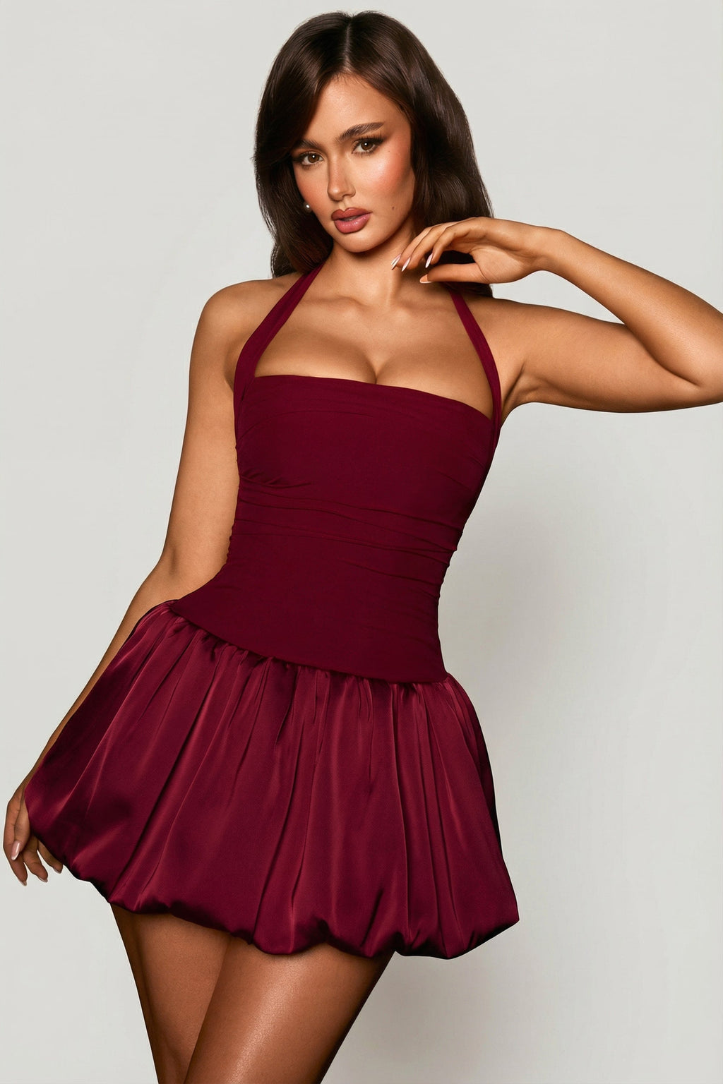 Lace-Up Bubble Hem Corset Mini Dress in Berry Red — styled
