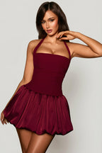 Lace-Up Bubble Hem Corset Mini Dress in Berry Red — styled