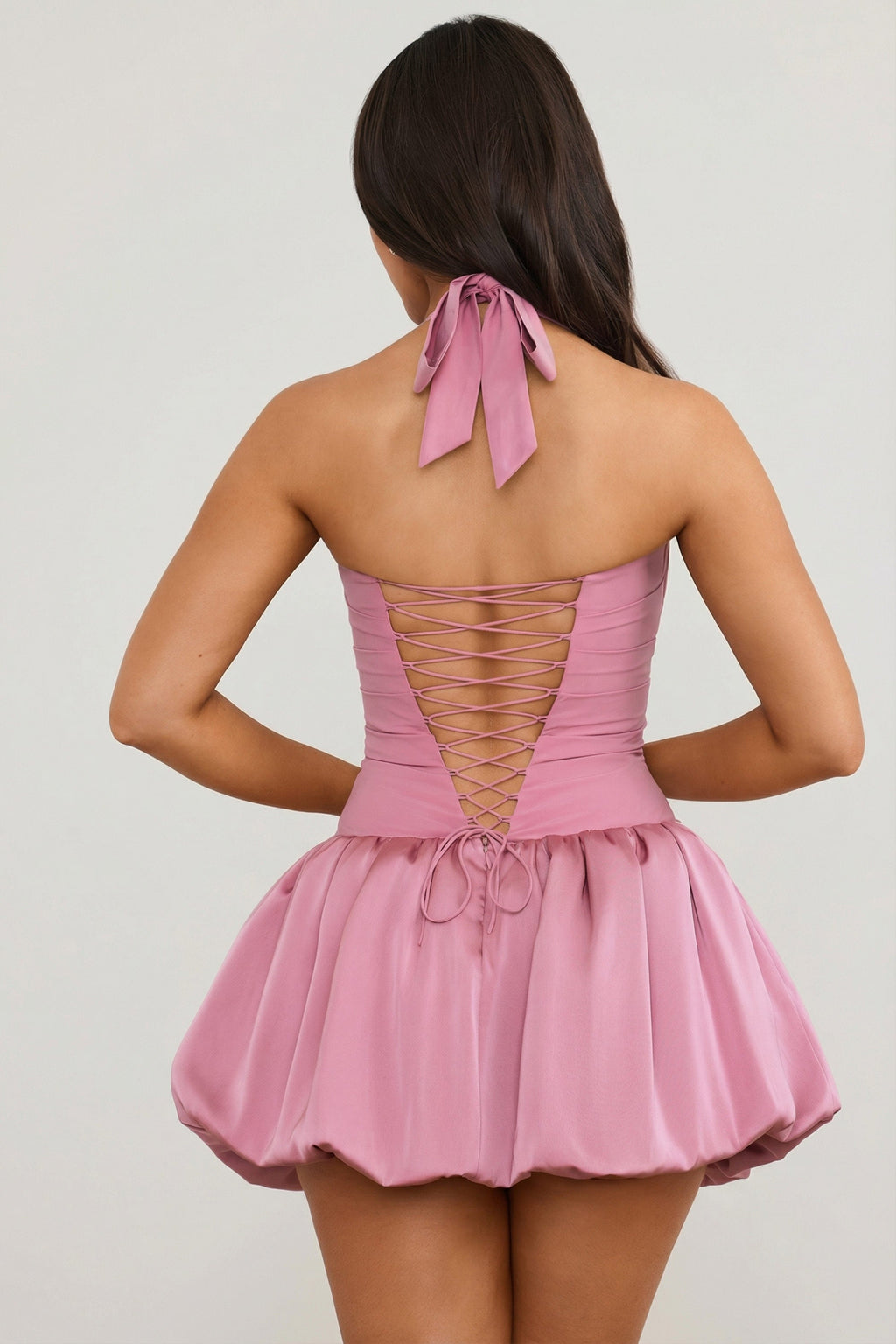 Lace-Up Bubble Hem Corset Mini Dress in Mauve — back view