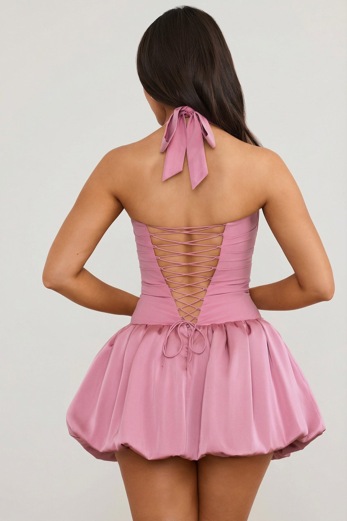 Lace-Up Bubble Hem Corset Mini Dress in Mauve — back view