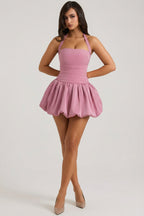 Lace-Up Bubble Hem Corset Mini Dress in Mauve — detail