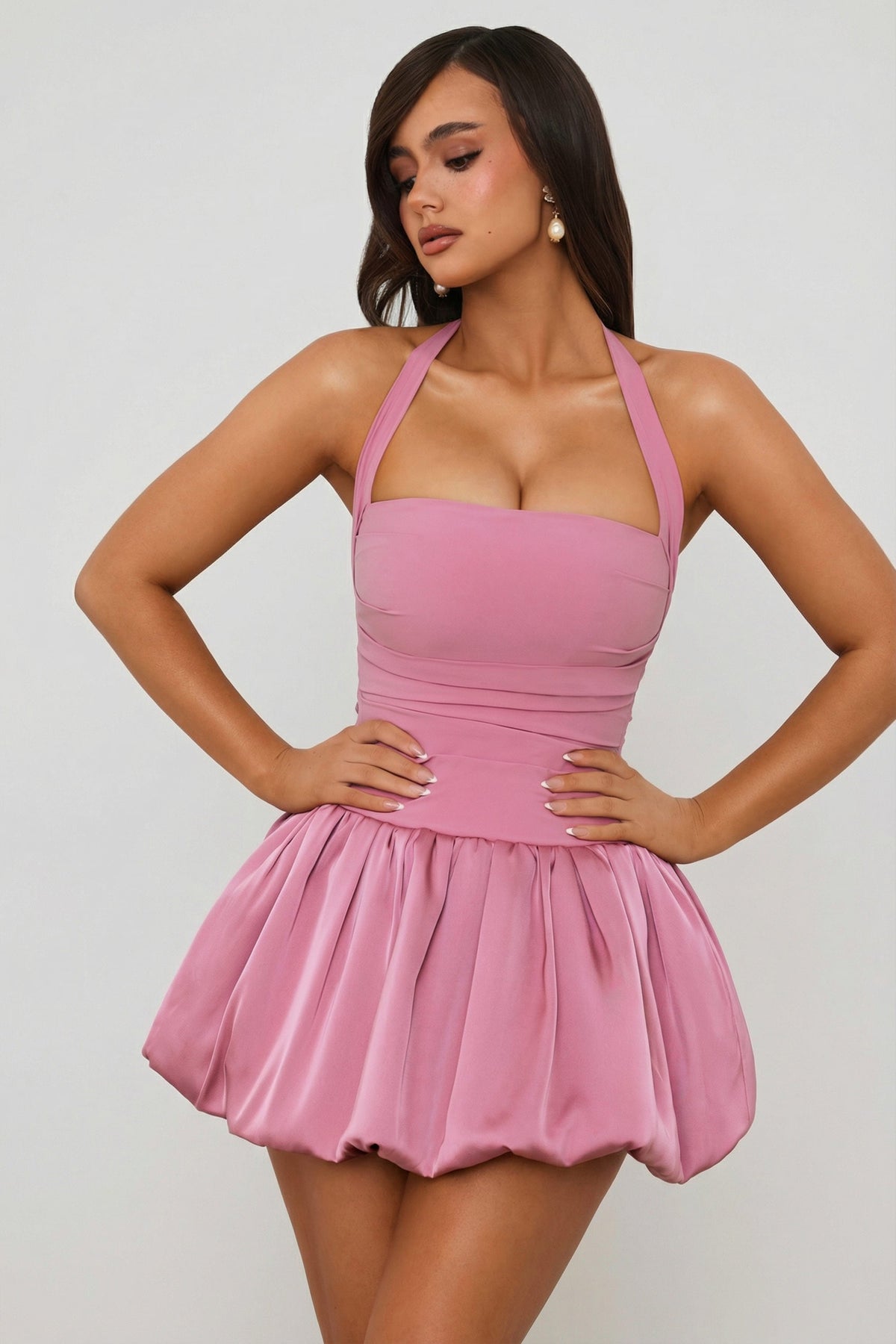 Lace-Up Bubble Hem Corset Mini Dress in Mauve — styled