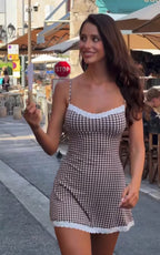 Modal Lace-Trim Mini Dress in Brown Gingham