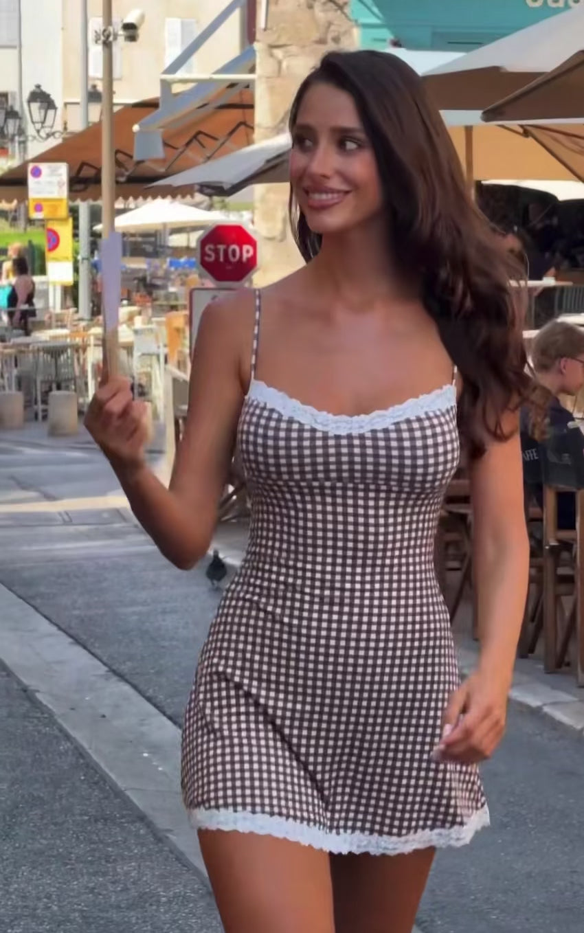 Modal Lace-Trim Mini Dress in Brown Gingham