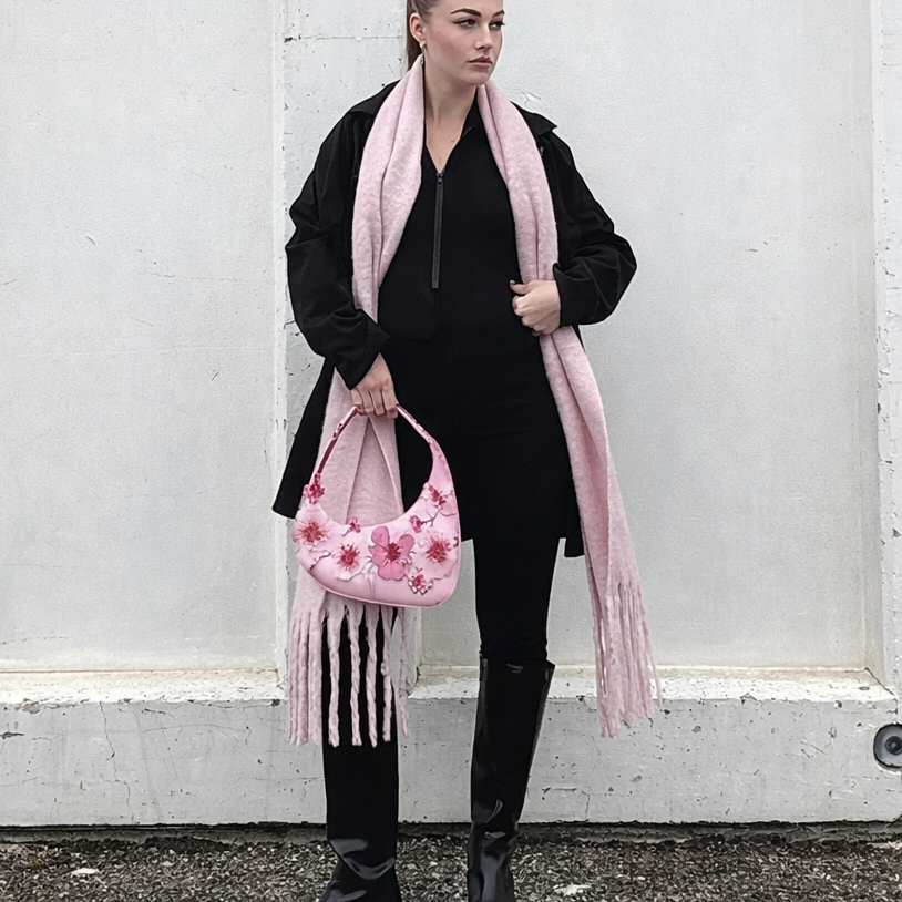 Rosalind blossom embroidery shoulder bag in pink — on model