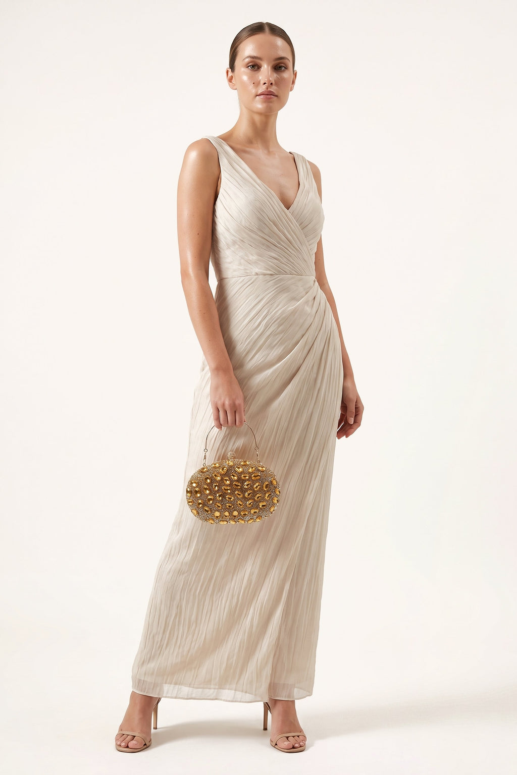 Seraphina Clutch in Gold — on model