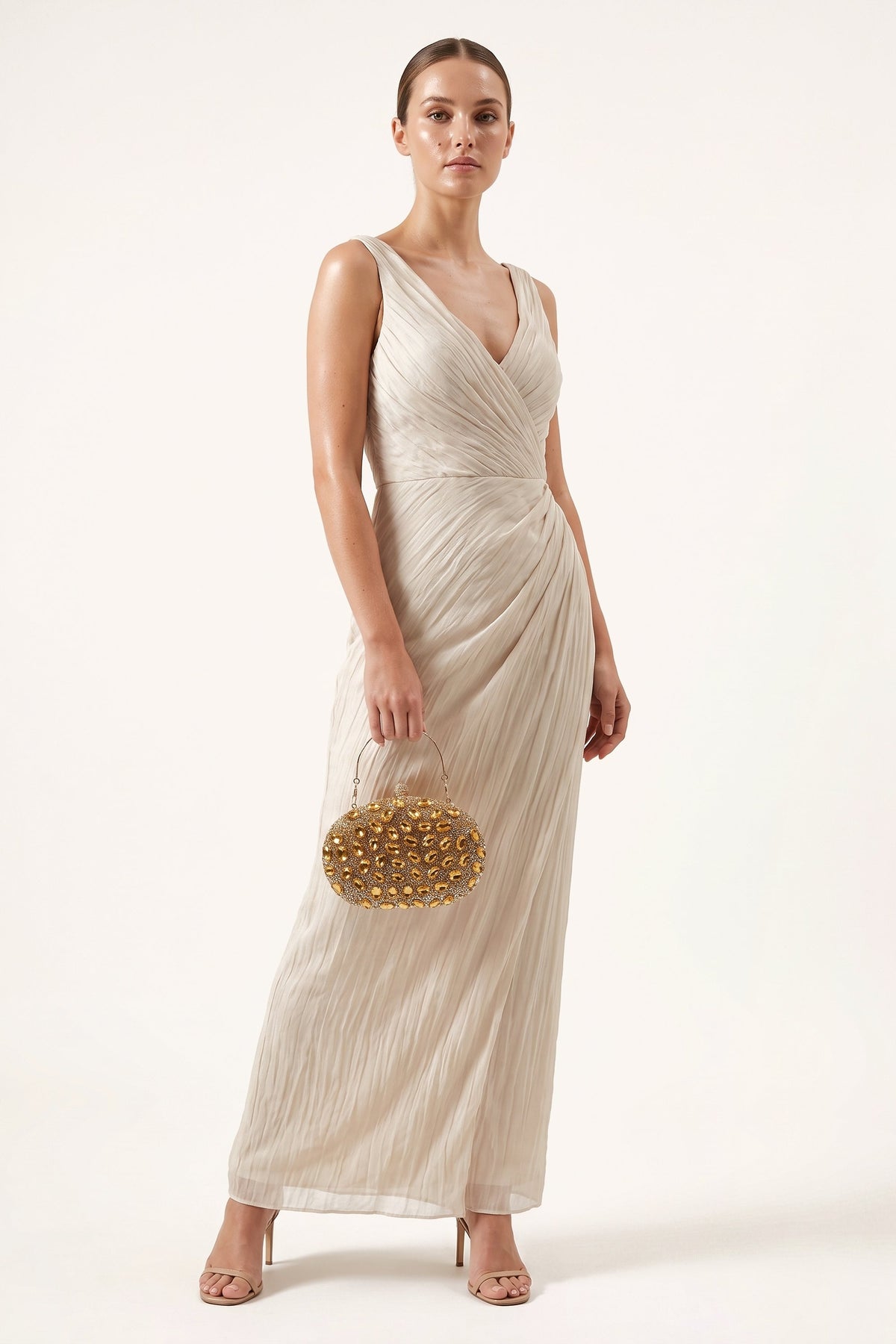 Seraphina Clutch in Gold — on model