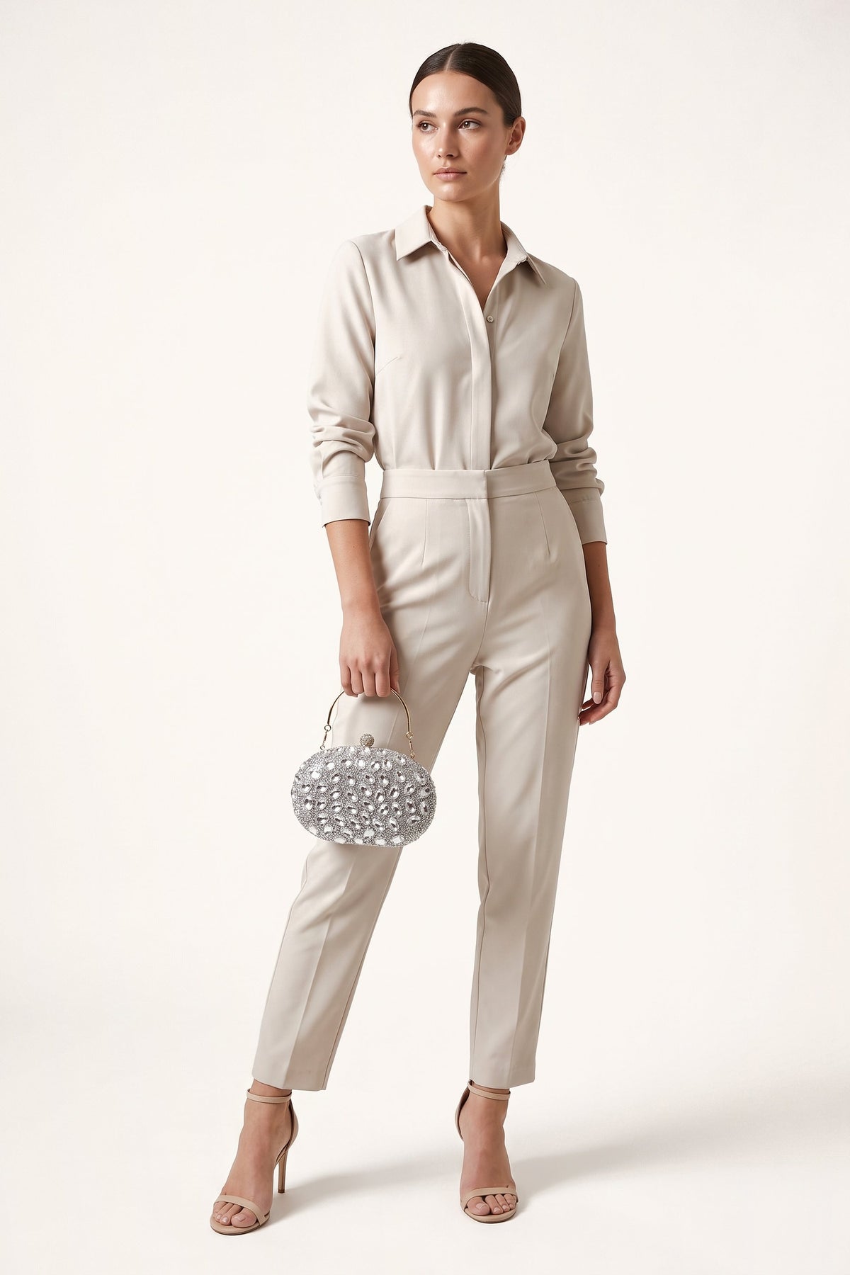 Seraphina Clutch in Silver — on model