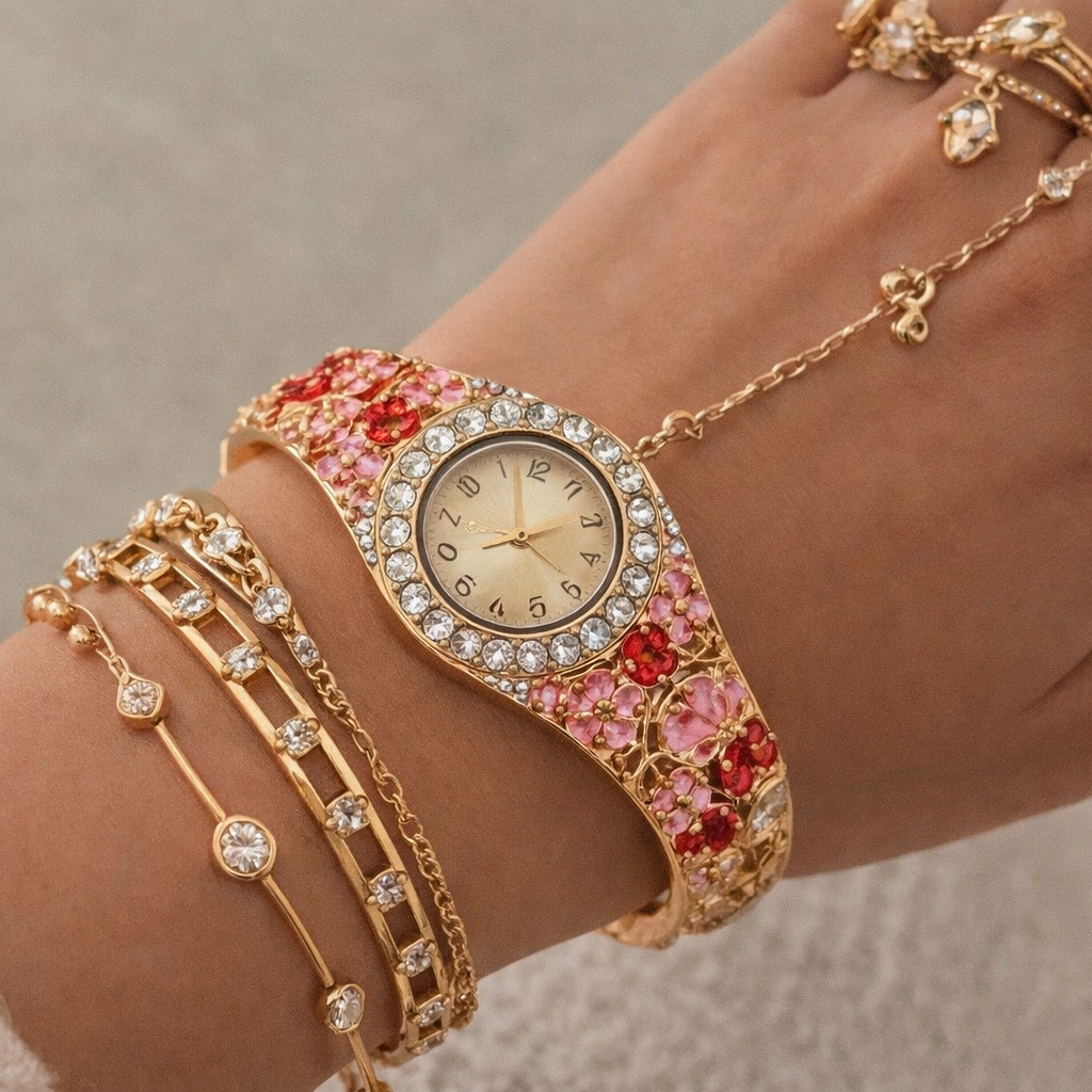 Floral Crystal Bangle Watch — on model, stacked with bangles